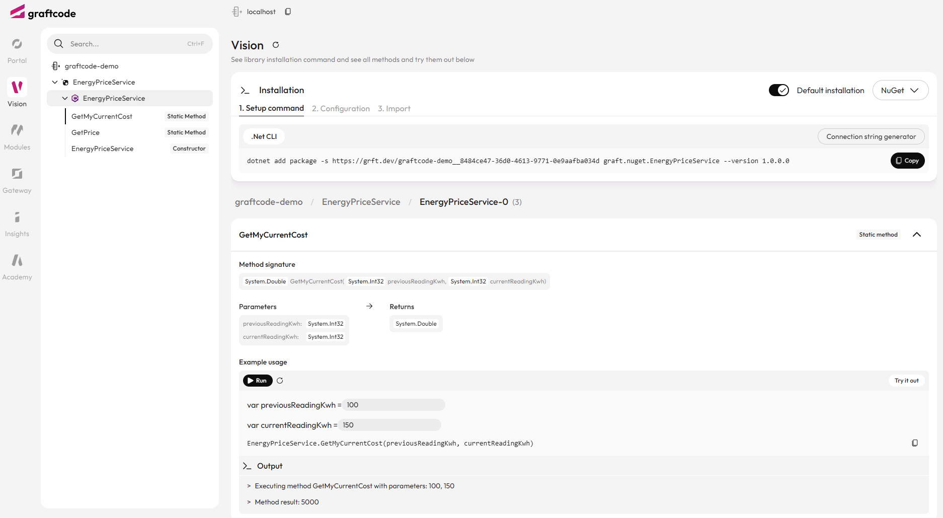 GraftVision showing GetMyCurrentCost method details and live execution